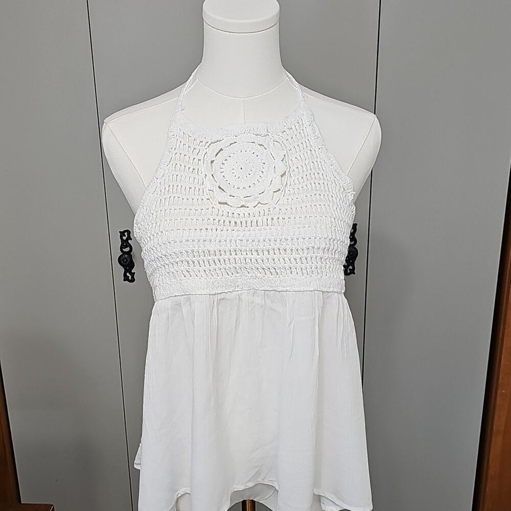 Sim & Sam White Crochet Halter Top Women L With Flutter Bottom Boho Hippie Gypsy